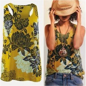 Cabi racerback tank top - floral - yellow navy blue white - silk blend - medium